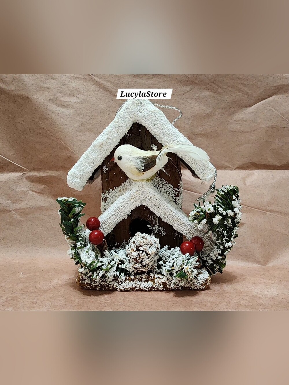 Handmade Rustic Woodland Birdhouse Ornament Christmas Faux Snow Pine Berry